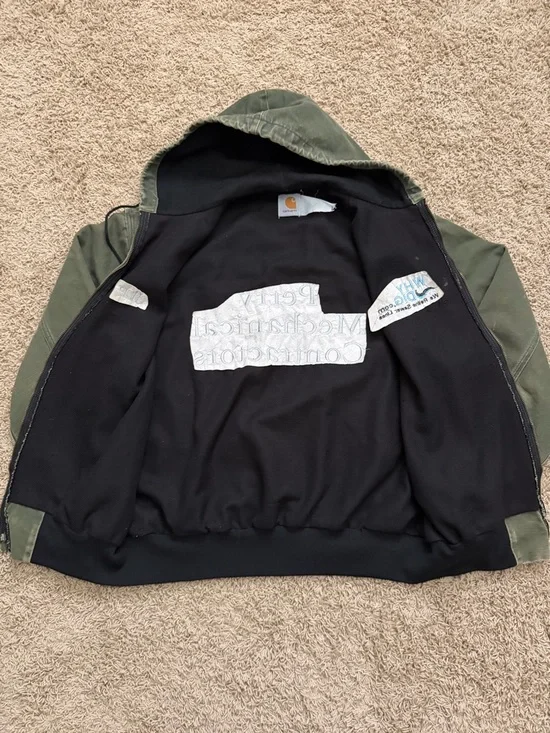 Vintage Carhartt JR104 Sz L Hooded Olive Green Canvas Jacket Thermal Lined Mens - Picture 3 of 7